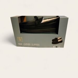 Men's Black Faux Leather Slippers with Sherpa Lining